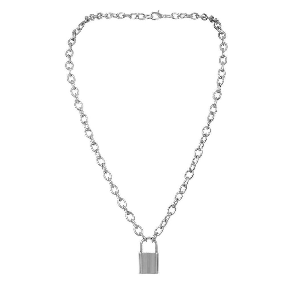 [Australia] - 7th Moon Lock Pendant Necklace Statement Long Chain Punk Multilayer Choker Necklace for Women Girls (Silver) 