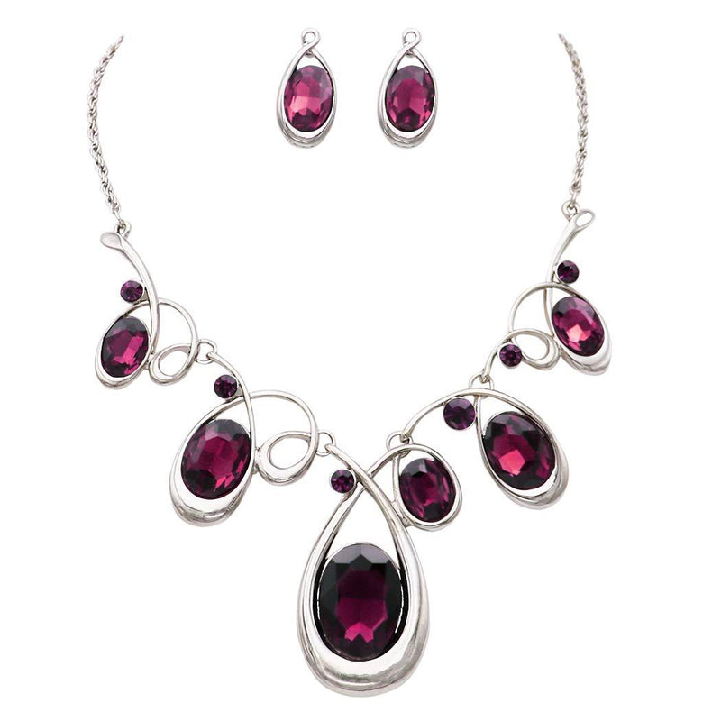 [Australia] - Rosemarie Collections Women's Statement Silver Tone and Spiral Loop Crystal Bib Necklace and Earrings Set Purple 
