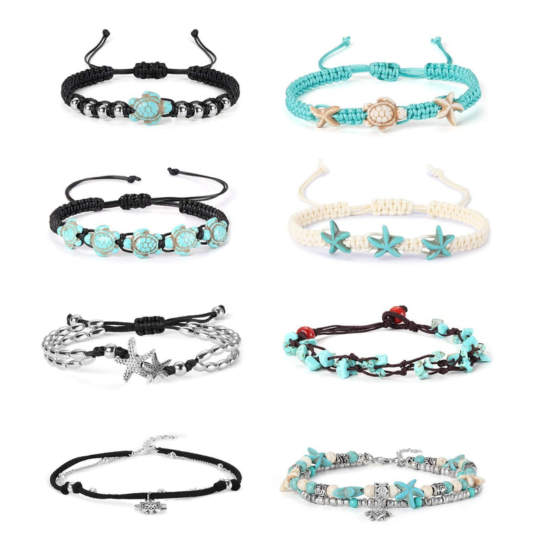 [Australia] - Finrezio 8PCS Anklets for Women Girls Adjustable Boho Turtle Starfish Beac Ankle Bracelets Foot Jewelry Set Handmade 