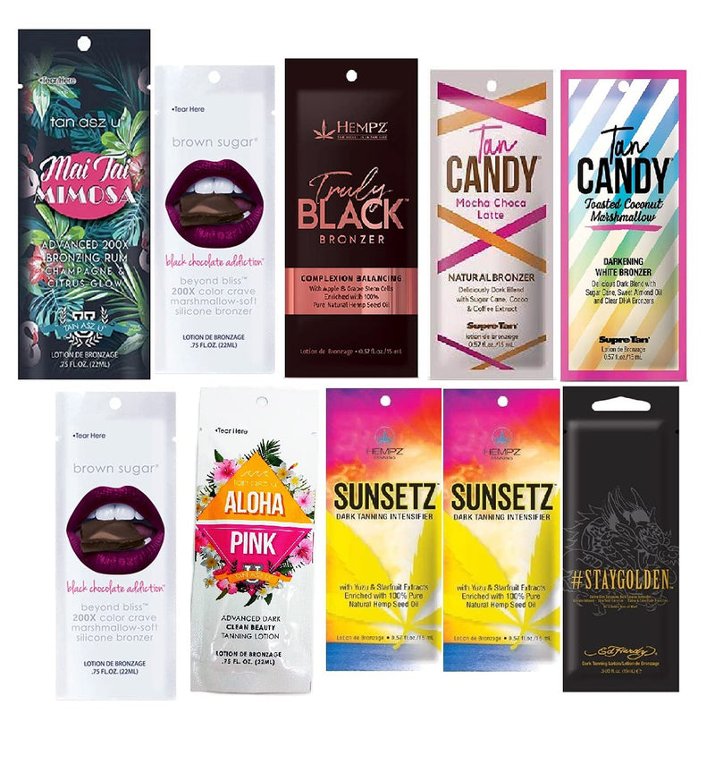[Australia] - 10 New Tanning Lotion Sample Packets - Major Brands Bronzer & Intensifier - 10 Assorted Packets 