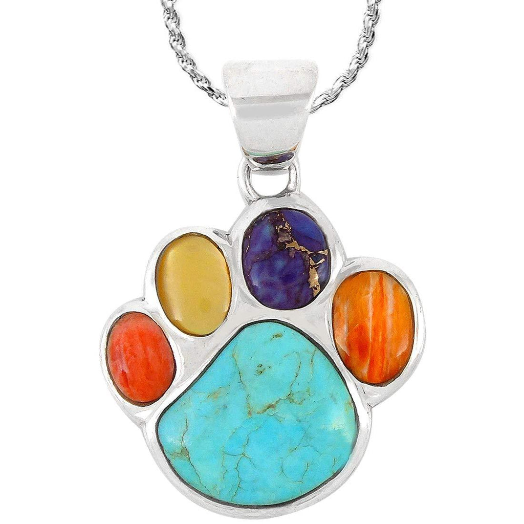 [Australia] - Dog or Cat Paw Necklace Pendant 925 Sterling Silver Genuine Gemstones (with 20" Chain) Multi-Gemstones 