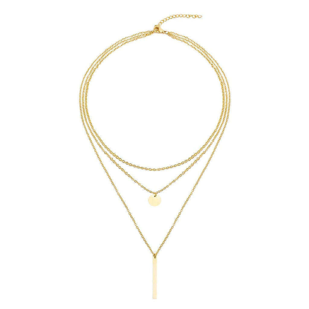 [Australia] - LETTARIUS Disc Bar Pendant Layering Necklace Stainless Steel Layered Chain Choker Gold 