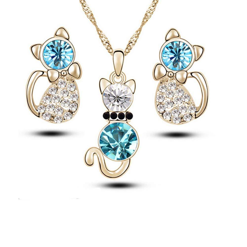 [Australia] - Comelyjewel Premium Quality 4 Pcs Fashion Zircon Crystal Cat Necklace Animal Earrings Jewelry Set Silver blue 