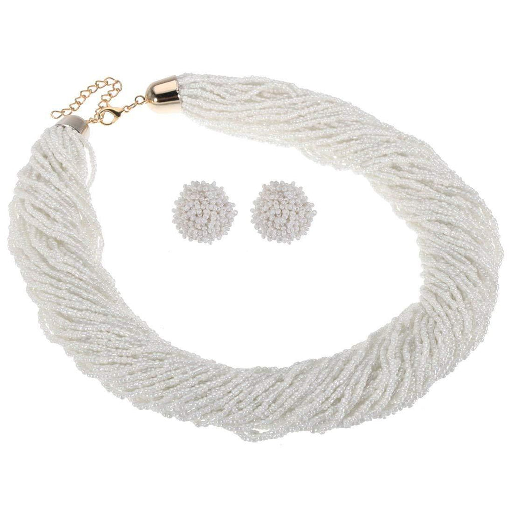 [Australia] - Fashion Multilayer Seed Bead Chain Choker Collar Necklace Earrings Set Cluster Strand Handmade Bib Statement Necklace Jewelry Set White 