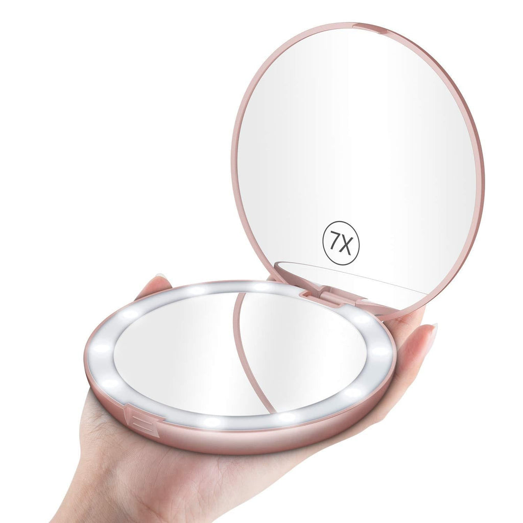 [Australia] - Benbilry LED Lighted Travel Makeup Mirror, 1x/7x Magnification, 5 Inch Dual Sided Vanity Mirror with Lights Portable Compact Illuminated Cosmetic Mirror – Perfect for Handbag (Rose Gold) Rose Gold 