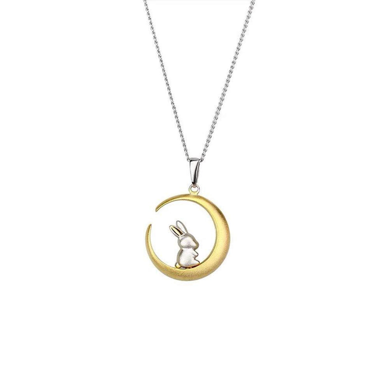 [Australia] - Cute Bunny Rabbit On The Moon Pendant Necklace for Women Teen Girls Kids S925 Sterling Silver Hypoallergenic Dainty Tiny Crescent Choker 18" Chain Collar Delicate Animal Jewelry Gifts Box for Daughter 