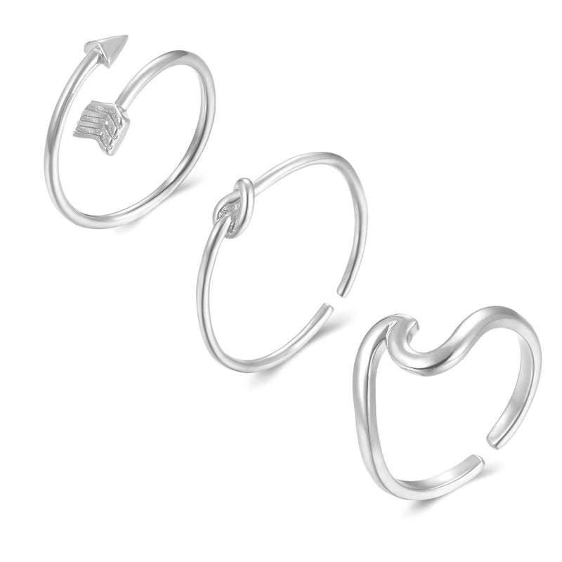 [Australia] - Long tiantian 3 Pcs Simple Adjustable Rings Set for Women Love Knot Arrow Wave Ring Sets Christmas Jewelry Gift for Teen Girls Size 5-12 3pcs-Arrow+Kont+Wave Silver 