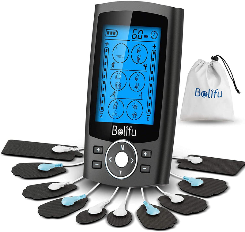 [Australia] - Belifu Dual Channel TENS EMS Unit 24 Modes Muscle Stimulator for Pain Relief Therapy, Electronic Pulse Massager Muscle Massager with 10 Pads, Dust-Proof Drawstring Storage Bag，Fastening Cable Ties… Black 
