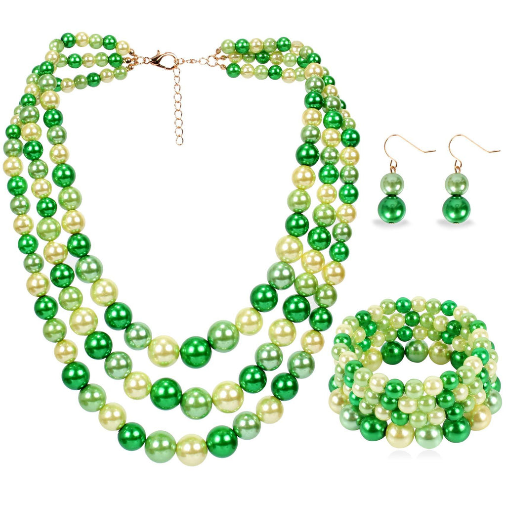 [Australia] - LuckyHouse Faux Pearl Strands Jewelry Sets for Women Include Necklace Bracelet and Earrings Set … GREEN 