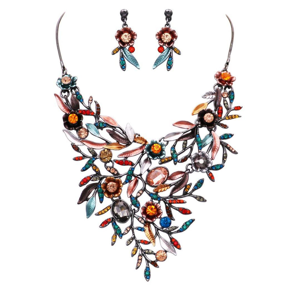 [Australia] - Rosemarie Collections Women's Beautiful Colorful Floral Statement Bib Necklace and Earrings Set, 14"-17" with 3" Extender Multicolored/Hematite 