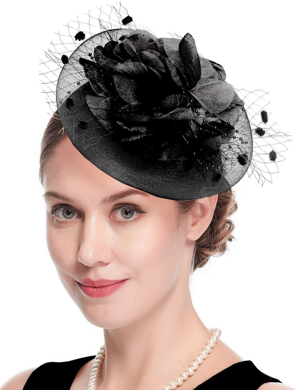 [Australia] - Fascinators Hats for Womens 50s Headwear with Veil Flower Cocktail Wedding Tea Party Church Derby Hat 1-4-black 