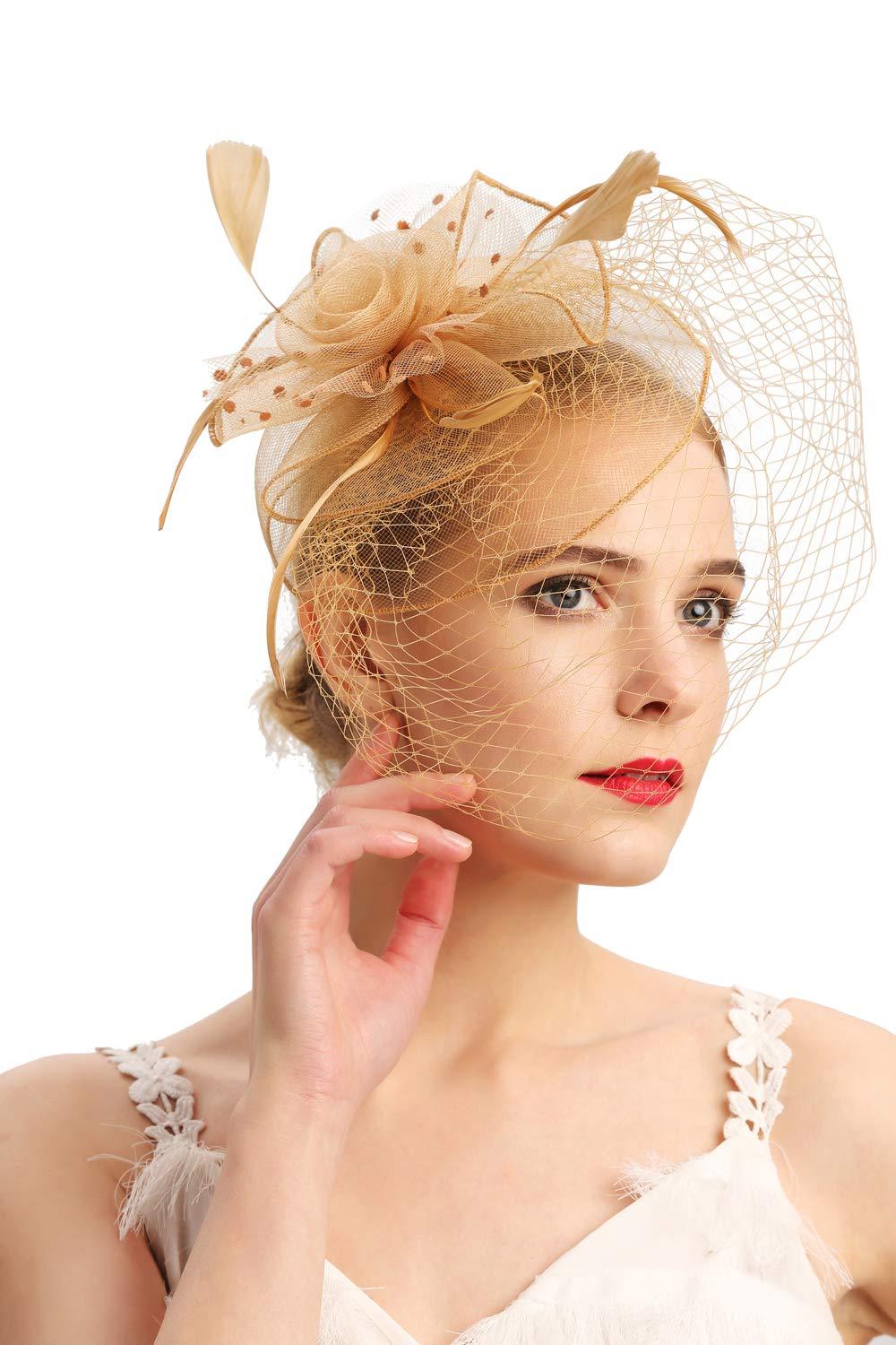 [Australia] - Fascinators Hats 20s 50s Hat Pillbox Hat Cocktail Tea Party Headwear with Veil for Girls and Women D-gold 