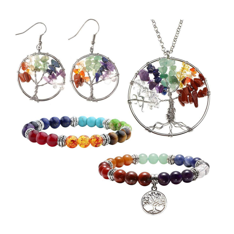 [Australia] - Jovivi 7 Chakra Tree of Life Tumbled Gemstone Healing Crystals Necklace & Earrings & Chakra Bracelet Sets 4pcs: Tree of Life Necklace & Earrings & 7 Chakras Bracelet 