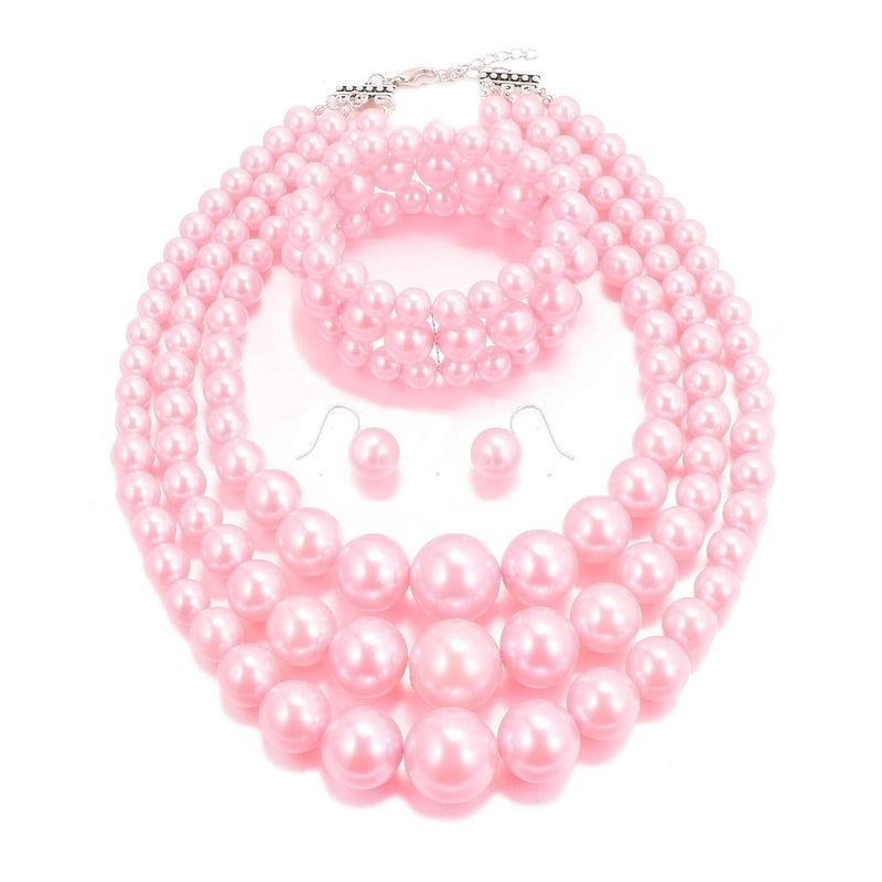 [Australia] - MJULY Womens Faux Pearl Costume Jewelry 3 Layers Pearl Chunky Necklace Bracelet and Earrings Pink 