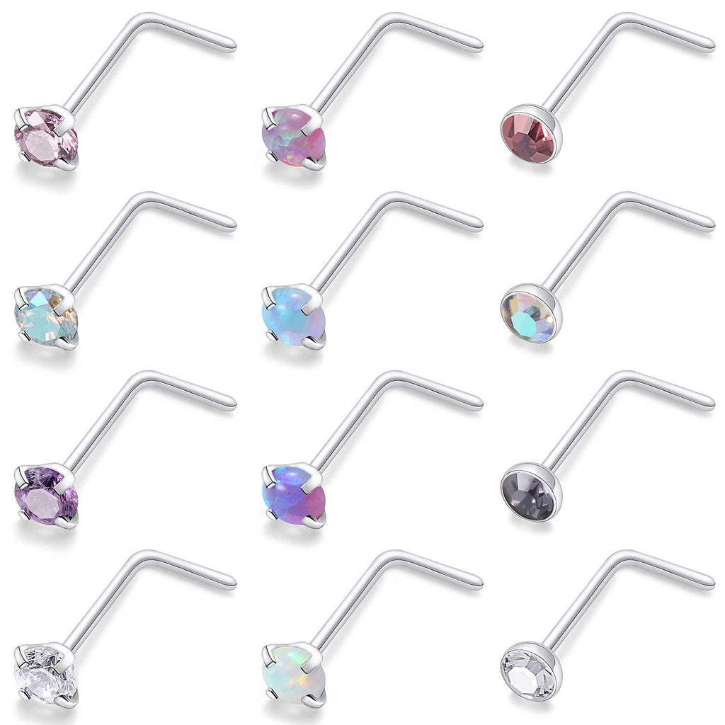 [Australia] - Kridzisw 12 Pcs 18G 20G 22G Nose Rings Studs Surgical Steel Nose Nostril CZ Inlaid 2MM Piercing Jewelry for Women Men Girl 18G L Shaped 