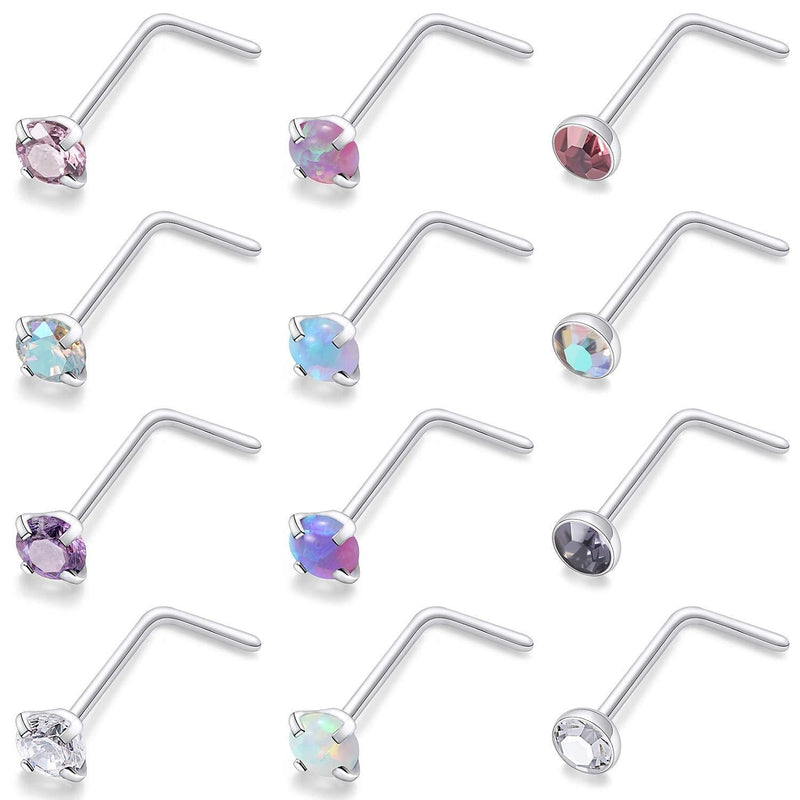 [Australia] - Kridzisw 12 Pcs 18G 20G 22G Nose Rings Studs Surgical Steel Nose Nostril CZ Inlaid 2MM Piercing Jewelry for Women Men Girl 18G L Shaped 