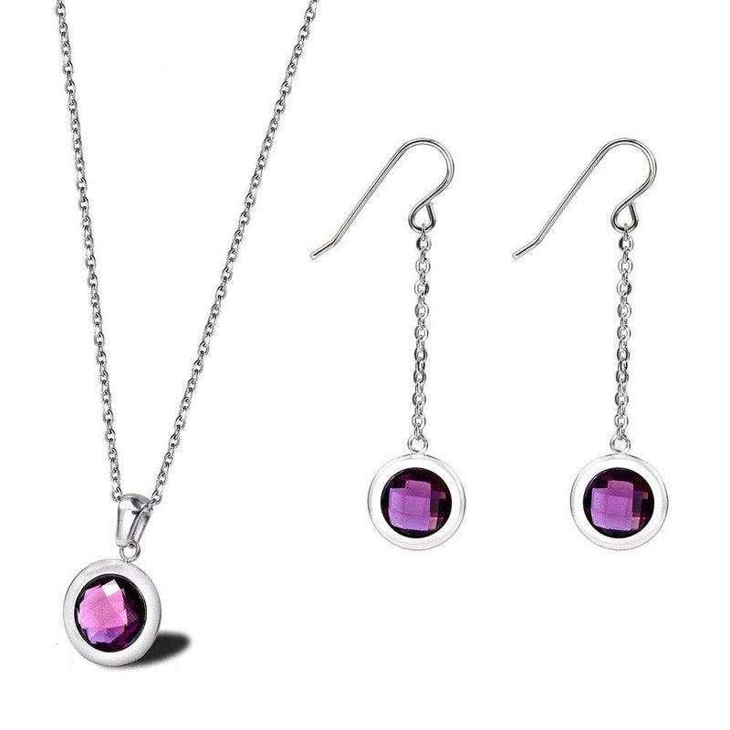 [Australia] - Worry-Free 18K Gold Plated Purple CZ Dangle Long Chain Hook Earrings+Necklace Set Silver Plated 