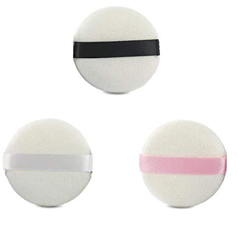 [Australia] - LASSUM 3 Pieces Round Super Soft Velour Powder Puff 2.16 Inch Facial Puff With Ribbon (Color Random) 