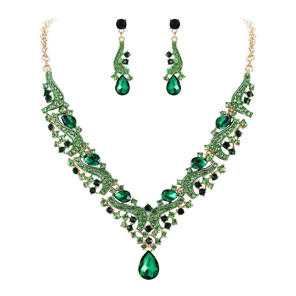 [Australia] - Flyonce Women's Wedding Bridal Rhinestone Crystal Teardrop Statement Necklace Earrings Set Green Gold-Tone 