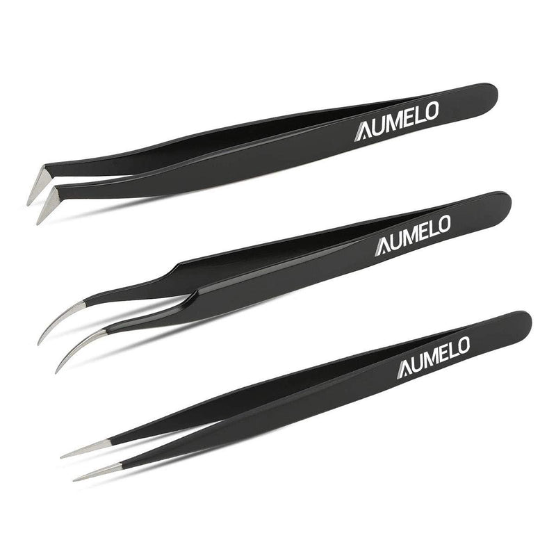 [Australia] - Tweezers for Eyelash Extensions by AUMELO - 3 PCS Professional Stainless Steel Precision Eyelashes Lash Tweezers Set for Your Beauty - Steel Pointy Ends Meet Perfectly,Black Black 