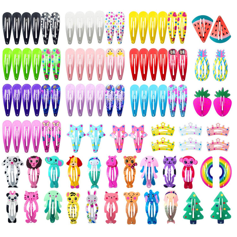 [Australia] - Hair Clips for Girls, Funtopia 100 Pcs No Slip Metal Snap Hair Clips Barrettes for Kids Teens Women, Cute Candy Color Cartoon Design Hair Pins (Animals Fruits Crowns Stars) 