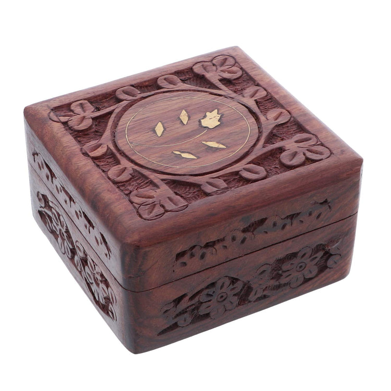 [Australia] - Li'Shay Wooden Trinket Keepsake Box with Carved Flowers-Square 