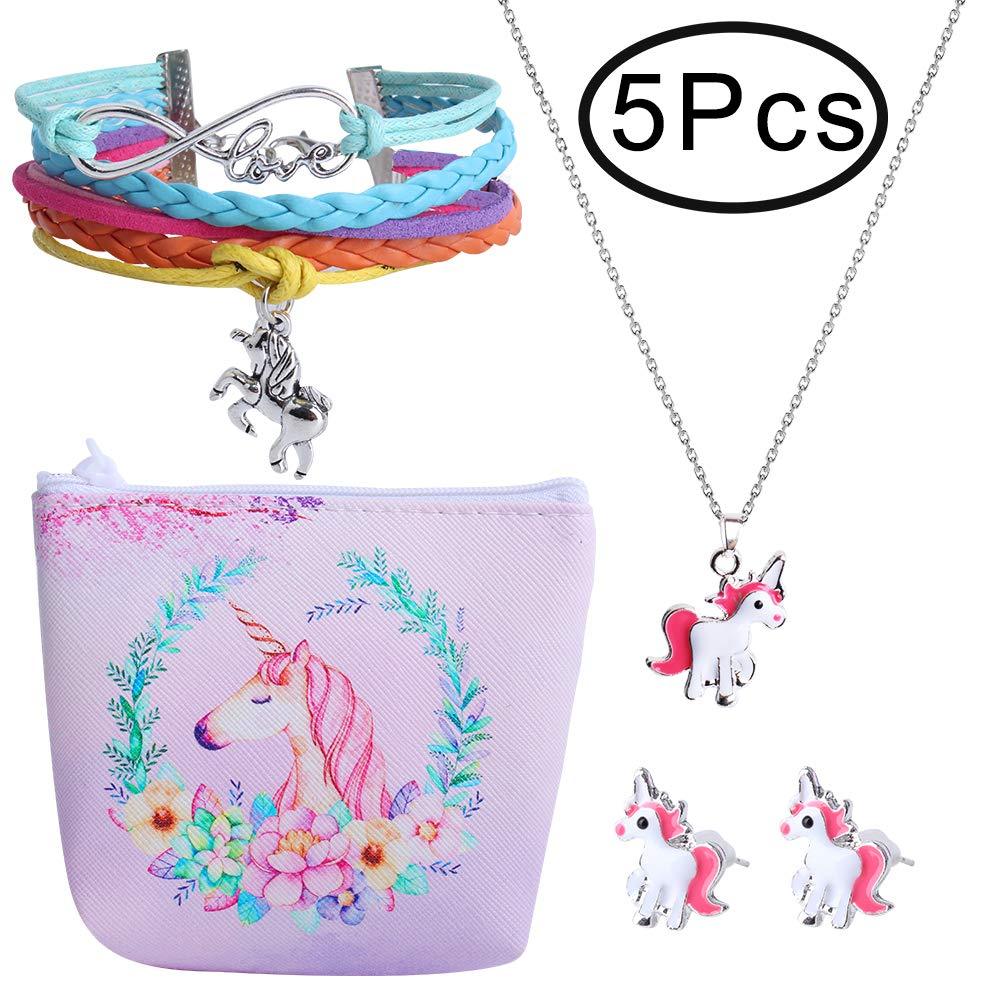 [Australia] - Hicdaw 5 Pcs Set for Unicorn Included Friendship Bracelet Stud Earrings Storage Bag Necklace Pink 