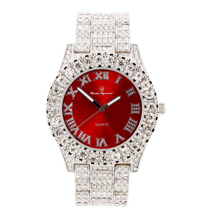 [Australia] - Mens Big Rocks with Roman Numerals Fully Iced Out Colorful Dial Watch - ST10327 RN Single Blood Red/Silver 