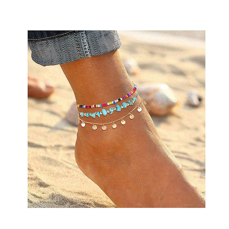 [Australia] - YAHPERN Anklets for Women Girls Color Beads Turquoise Drop Sequin Charm Adjustable Ankle Bracelets Set Boho Multilayer Beach Foot Jewelry gold 