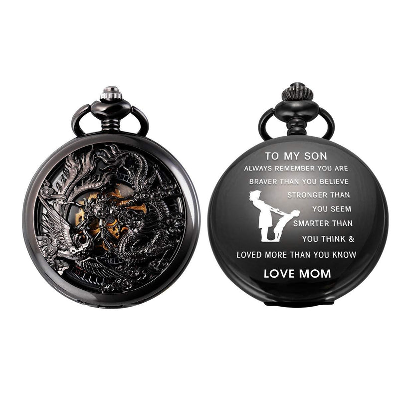 [Australia] - SIBOSUN Pocket Watch Personalized Engraved Mechanical MOM to Son Birthday Graduation Dragon Phoenix 1 To My Son, More Braver 