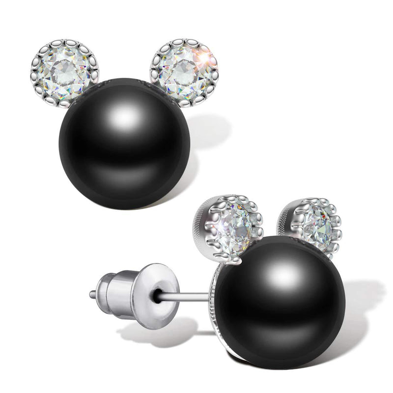 [Australia] - Pearl Stud Earrings for Women,Hypoallergenic 7mm CZ Cute Mouse Stainless Steel Earrings (10 colors) (Dpurple) (black) black 