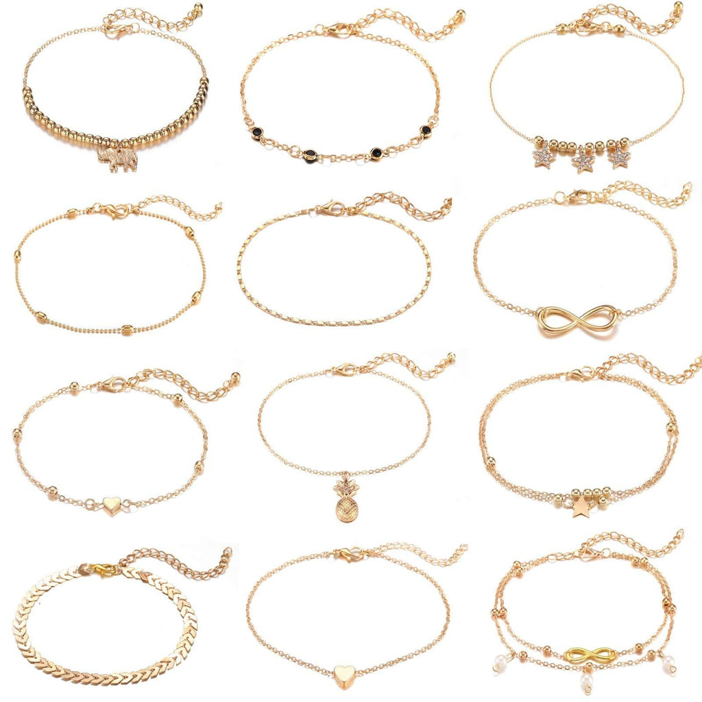 [Australia] - Starain 12 Pieces Cute Ankle Bracelets Women Girls Adjustable Heart Elephant Layered Anklets Set Gold Silver Beach Foot Jewelry 12Pcs Gold Anklets 