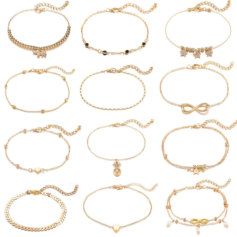 [Australia] - Starain 12 Pieces Cute Ankle Bracelets Women Girls Adjustable Heart Elephant Layered Anklets Set Gold Silver Beach Foot Jewelry 12Pcs Gold Anklets 