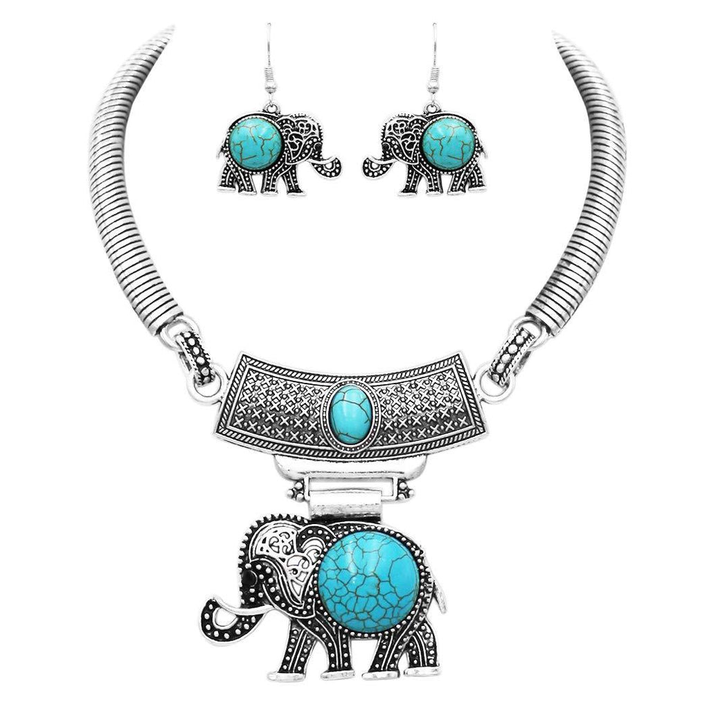 [Australia] - Rosemarie Collections Women’s Lucky Elephant Circular Natural Howlite Statement Necklace Earrings Set, 10"-13" with 3" Extension Turquoise Howlite/Silver Tone 