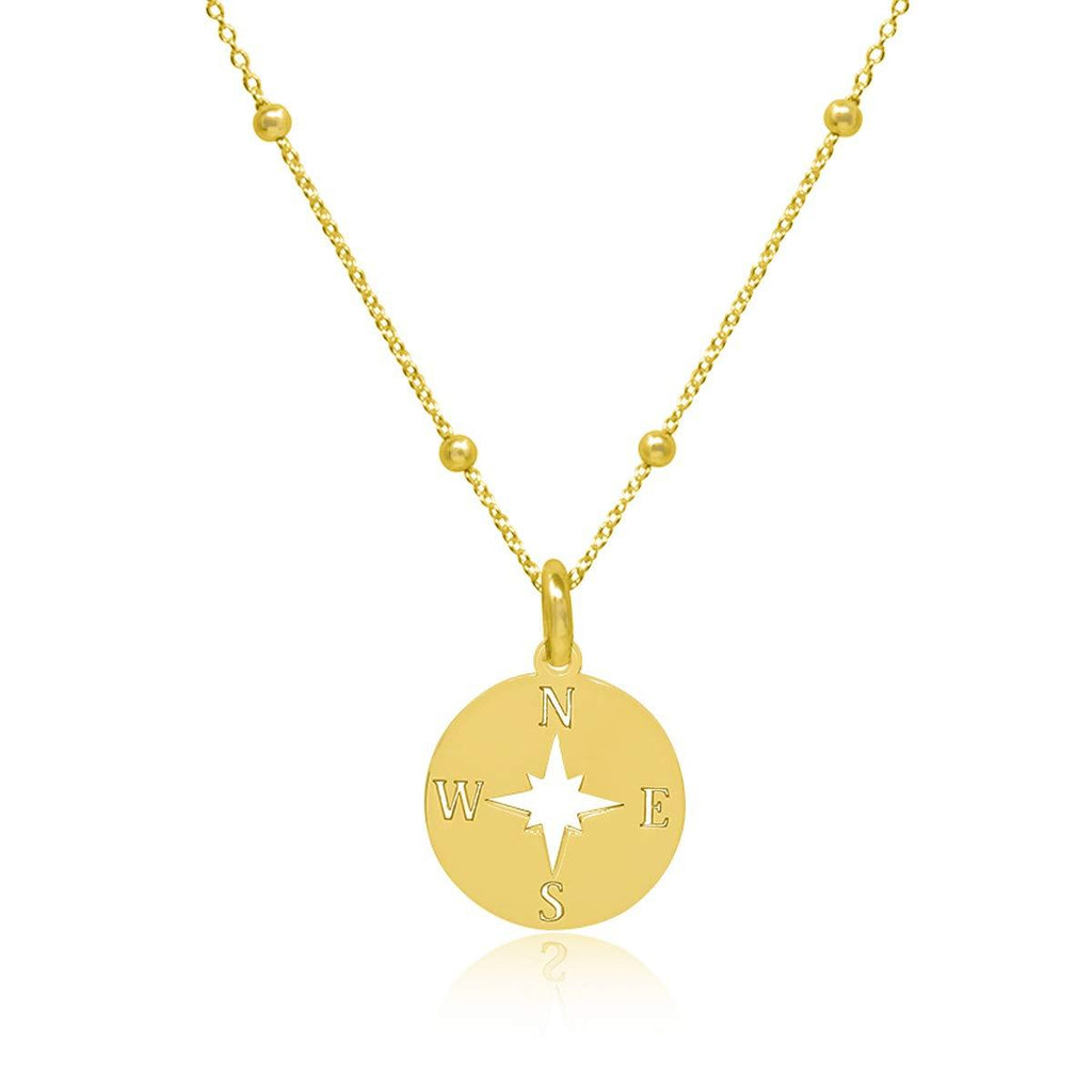 [Australia] - WANDA PLATA Compass Pendant Necklace for Teens Girls Women Sterling Silver 925 Gold Plated with 16"+ 2" Satellite Chain Round Charm Disc Coin, Gift Box 