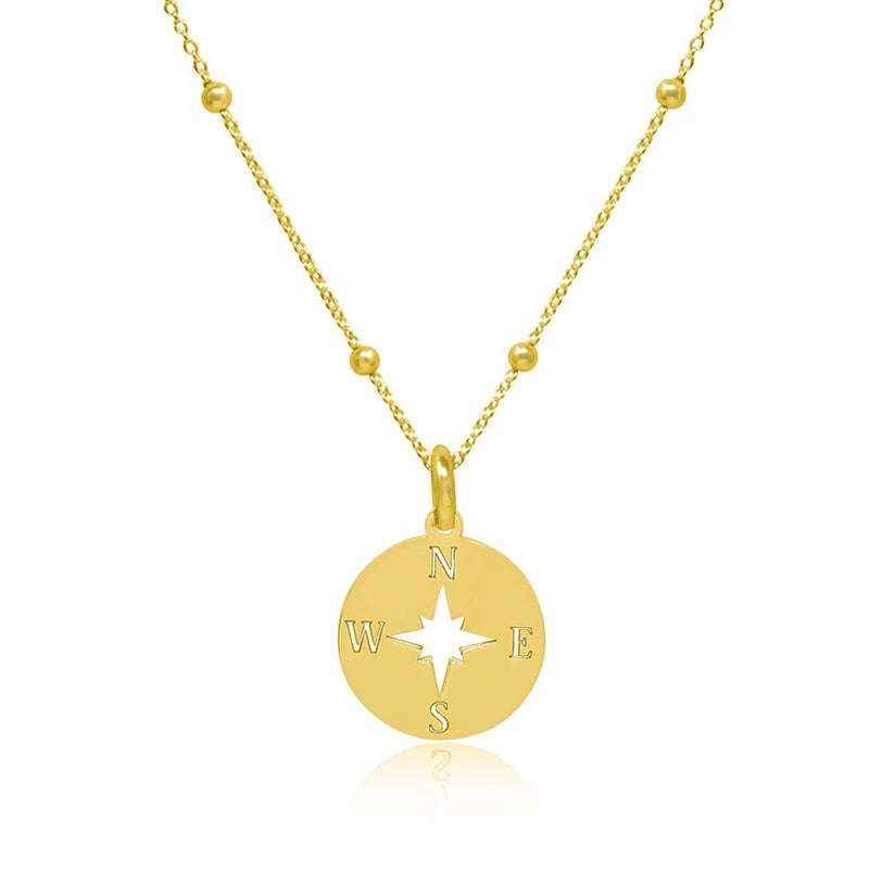 [Australia] - WANDA PLATA Compass Pendant Necklace for Teens Girls Women Sterling Silver 925 Gold Plated with 16"+ 2" Satellite Chain Round Charm Disc Coin, Gift Box 