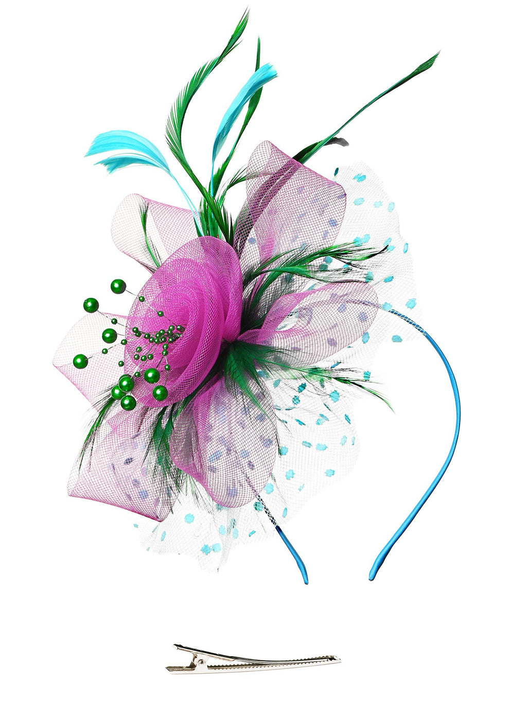 [Australia] - Fascinators Headband Tea Party Hats for Women Royal Wedding Hat Feather Mesh Hair Clip 1-green and Rose and Sky Blue 