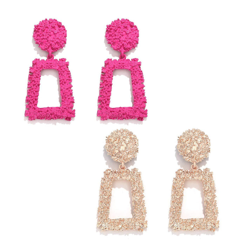 [Australia] - boderier Rasied Statement Earrings Women Vintage Chunky Metal Textured Geometric Square Drop Door Knocker Earrings Set Rose gold and hot pink 