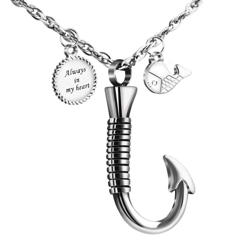 [Australia] - XIUDA Fish Hook Memorial Ash Urn Necklace Stainless Steel Cremation Jewelry for mom & dad, Fish Pendant & Always in My Heart silver 