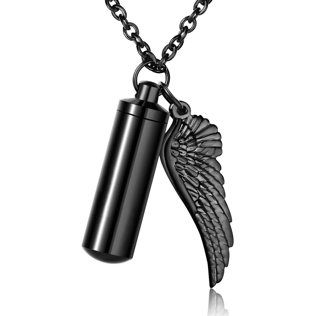 [Australia] - XIUDA Cremation Jewelry Urn Necklace for Ashes with Angel Wing Charm & Cylinder Eternity Stainless Steel m black non-engraving 