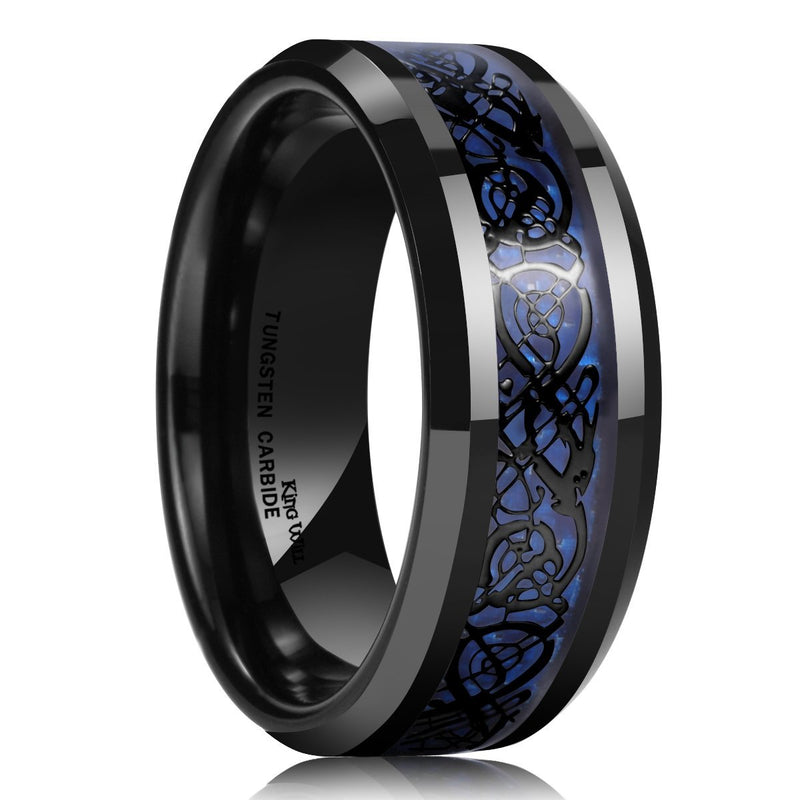 [Australia] - King Will DRAGON Men Tungsten Carbide Ring 8mm Silver/Blue/Black Celtic Dragon Wedding Band Polish Finish Black 4 