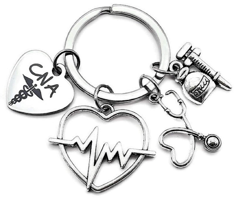 [Australia] - CNA Certified Nursing Assistant Keychain, CNA Keychain, ECG, EKG Hearbeat Charm, Stethoscope, Syringe, Caduceus Medical Symbol Keychain, Nursing School, Medical Student Gift, CNA Key Ring 