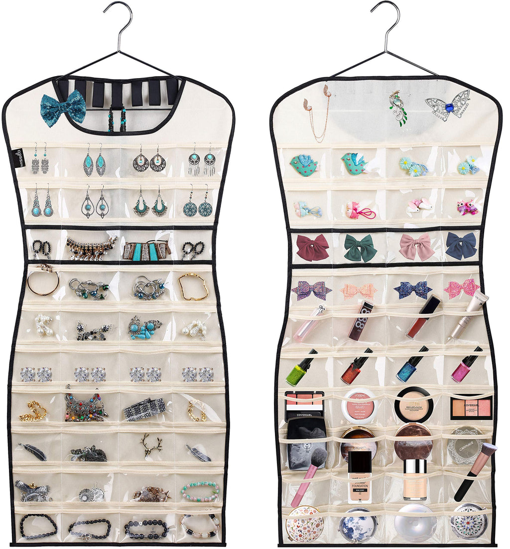 [Australia] - MISSLO Hanging Jewelry Organizer 80 Clear Pockets & 7 Hook Loops Storage for Storing Jewelries, Earrings, Necklaces, Makeups, Hair Accessories organizers in Closet, Travel, RV Beige 