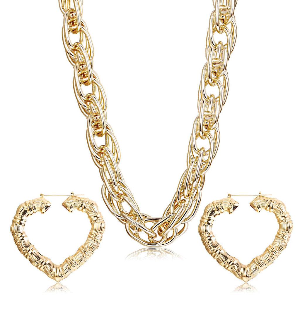 [Australia] - Hanpabum Gold Plated Chunky Rope Chain Necklace and Large Hollow Casting Bamboo Hoop Earrings Set for Men Women Costume Jewelry Punk Hip Hop Rapper Style Heart Shape 