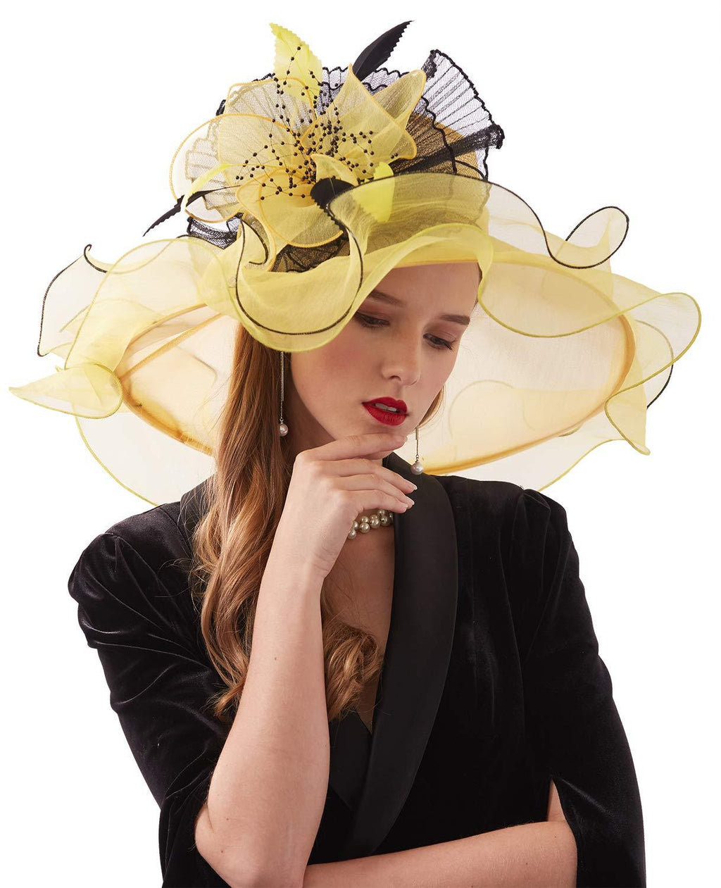 [Australia] - ORIDOOR Women Organza Fascinator Church Kentucky Derby Hat Floral Tea Party Wedding Hat 003d Yellow 