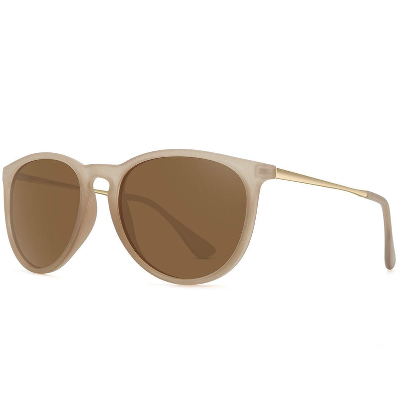 [Australia] - WOWSUN Polarized Sunglasses for Women Vintage Retro Round Mirrored Lens Beige Frame Brown Lens 