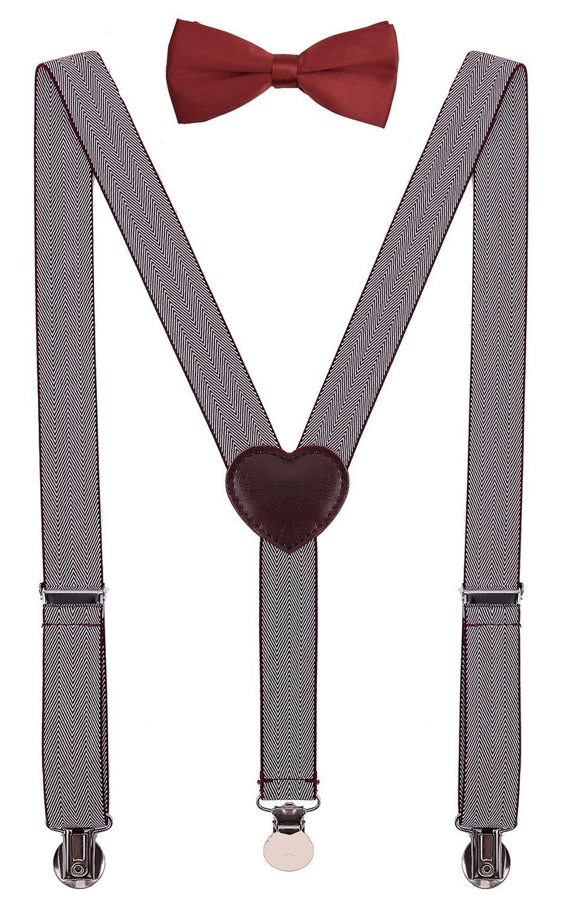 [Australia] - PZLE Mens Boys Suspenders and Bow Tie Set Adjustable 47 Inches(adult) Burgundy White 