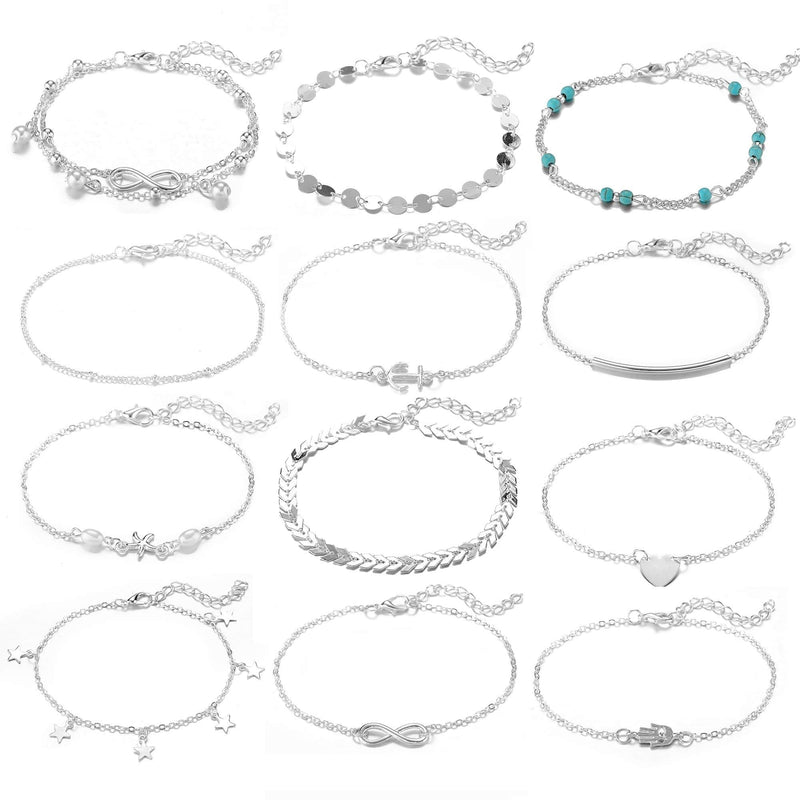 [Australia] - Softones 12Pcs Ankle Bracelets for Women Girls Gold Silver Two Style Chain Beach Anklet Bracelet Jewelry Anklet Set,Adjustable Size A:Silver 