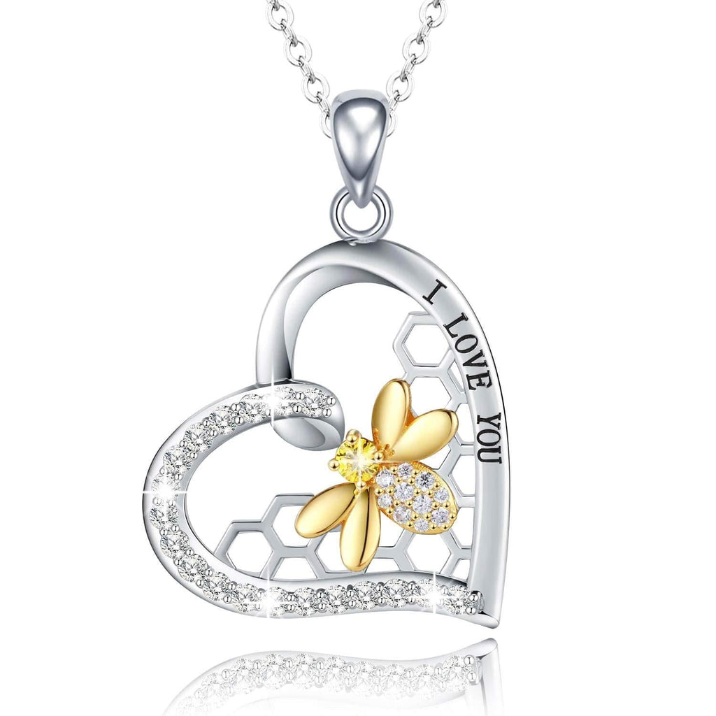 [Australia] - STROLLGIRL | Sterling Silver “I Love You” Heart with Gold Bee Necklace | Honeycomb Pendant and Cubic Zirconia Stones I Love You Honey Bee 