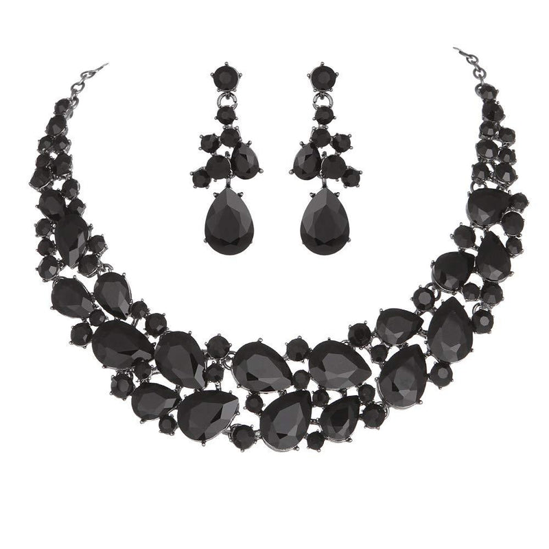 [Australia] - Molie Youfir Austrian Rhinestone Teardrops Necklace and Earrings Jewelry Sets for Women Wedding Party Dress Black-Black Tone 